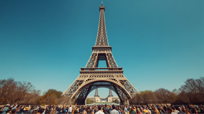 Eiffel Tower over Paris with crowds at the Trocadero on a sunny day