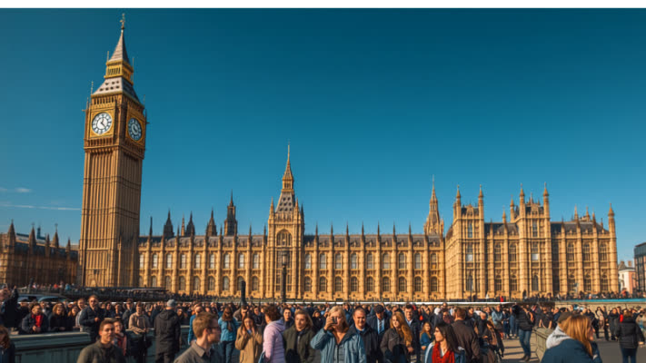 Big Ben and the Houses of Parliament on a sunny day, tourists on Westminster Bridge