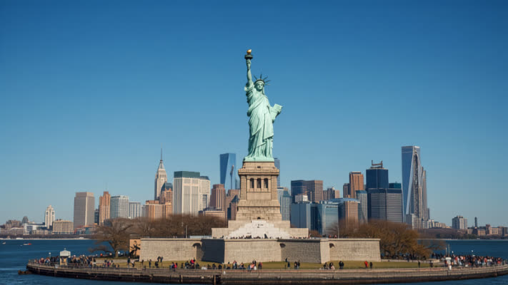 Statue of Liberty with the Manhattan skyline on a clear sunny day